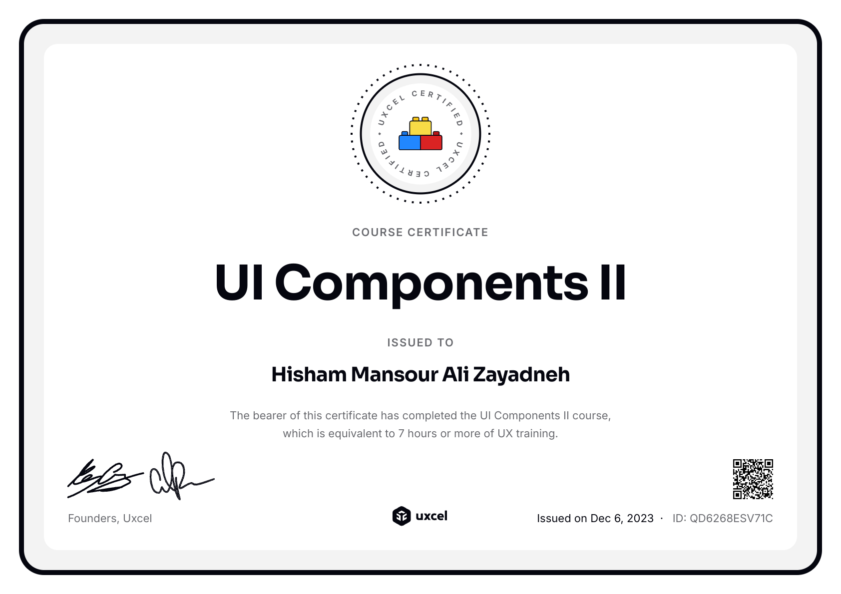 Hisham Zayadneh's certificate